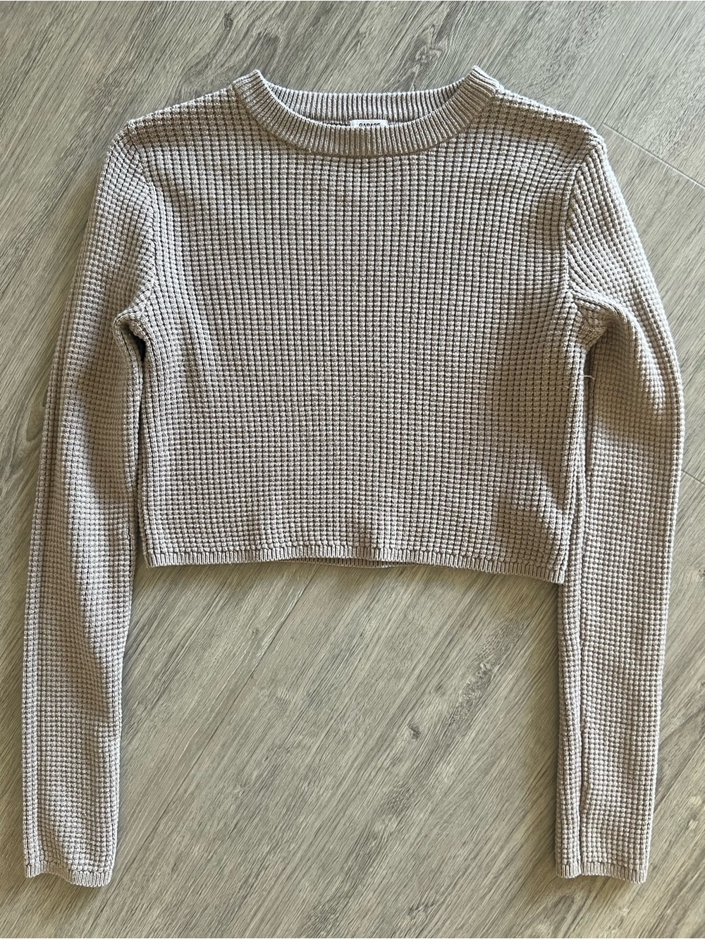 Garage Waffle Knit Crewneck Crop Sweater Women’s Size M | Light Taupe Long Sleev